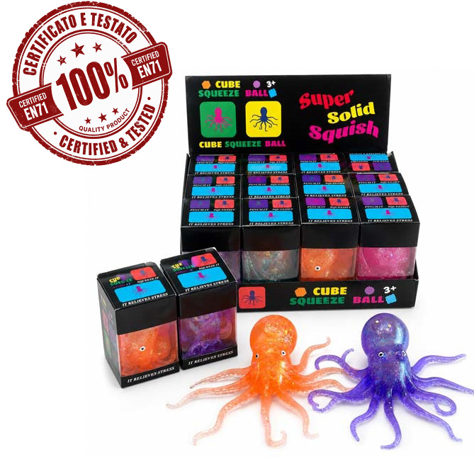 SQUISHY OCTOPUS 10cm (TPR+Maltose) In box (9x5cm) In display da 12pz 3ass…x12…x144